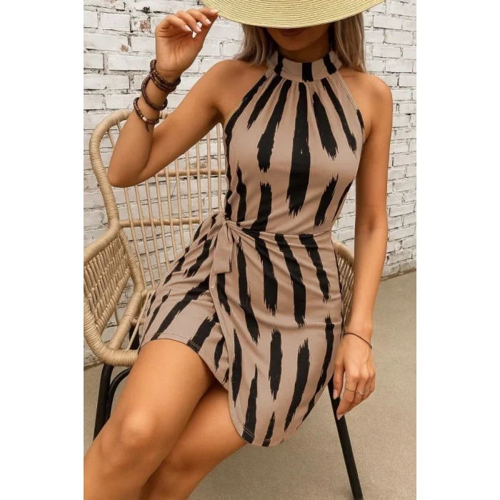 Kadın Omuzlardan Açık Yarı Balıkçı Yaka Yandan çapraz Bağlama Detaylı Süprem Kısa Elbise