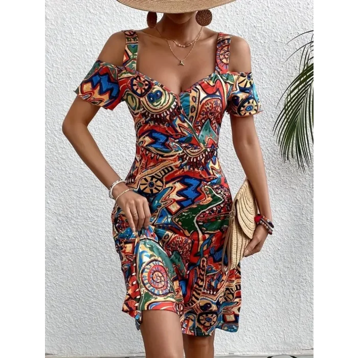 Kadın Omuzlardan Açıl Askılı Desenli Süprem Elbise