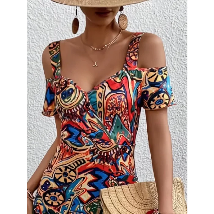 Kadın Omuzlardan Açıl Askılı Desenli Süprem Elbise