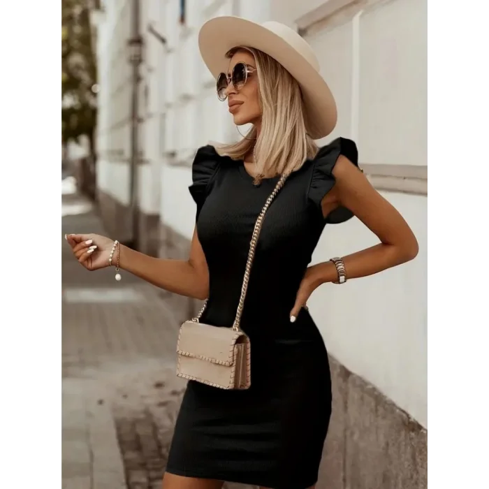 Kadın Omzu Volanlı Bisiklet Yaka Kaşkorse Mini Elbise