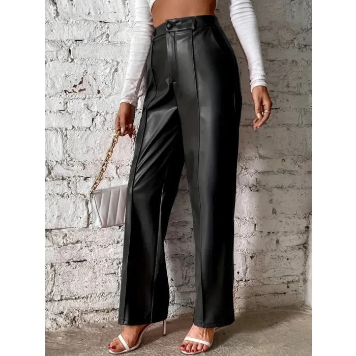 Kadın önden Fermuarlı Cepli Geniş Kesim Lame Deri Pantolon