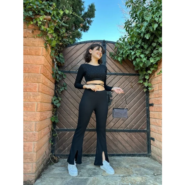 Kadın Paçası Yırtmaç Detaylı Taşlı Bel Bağlamalı Kaşkorse İkili Takım