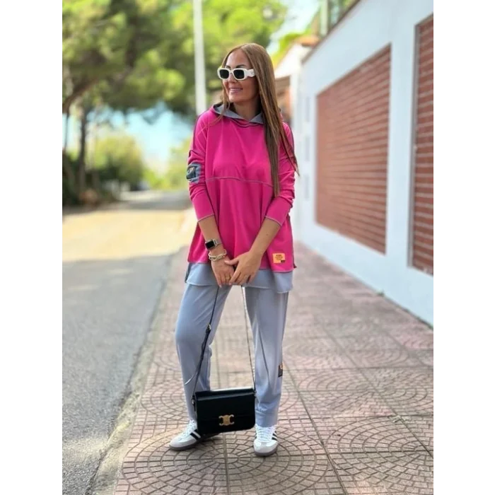 Kadın Pembe Kapşonlu Etek Ucu Detay Arma Ters Dikiş Gorunumlu Ikili Takım