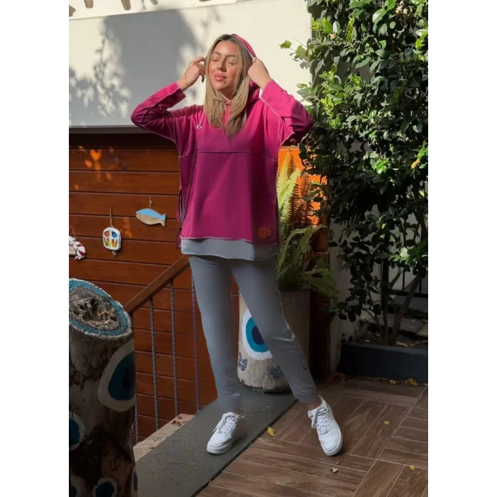 Kadın Pembe Kapşonlu Etek Ucu Detay Arma Ters Dikiş Gorunumlu Ikili Takım