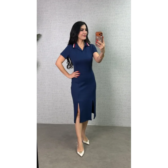 Kadın Polo Yaka çift Yırtmaç Detay Modal Kumaş Midi Boy Elbise