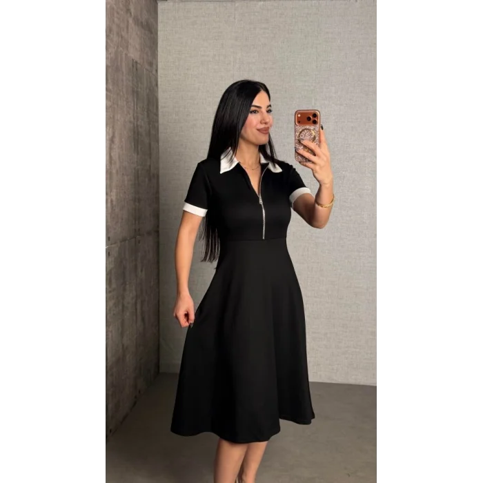 Kadın Polo Yaka Fermuar Detaylı Modal Midi Elbise