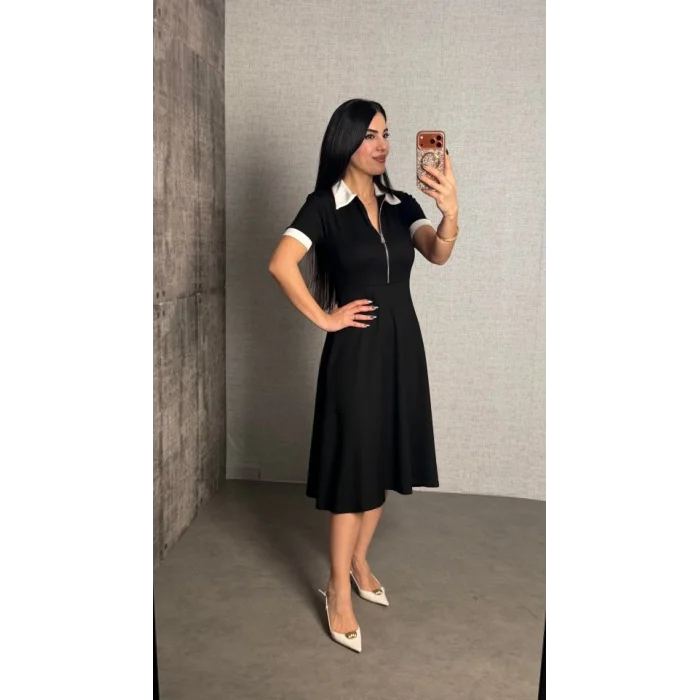 Kadın Polo Yaka Fermuar Detaylı Modal Midi Elbise