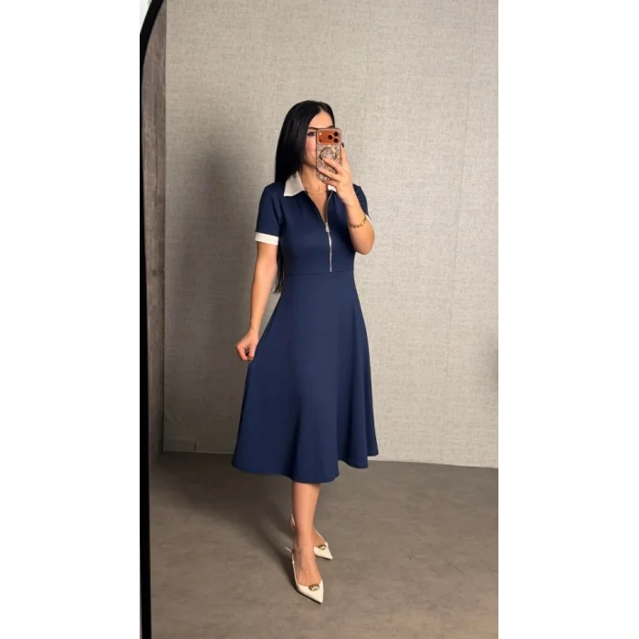 Kadın Polo Yaka Fermuar Detaylı Modal Midi Elbise