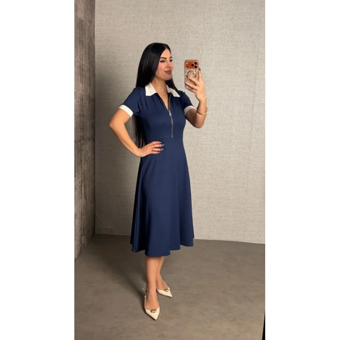 Kadın Polo Yaka Fermuar Detaylı Modal Midi Elbise