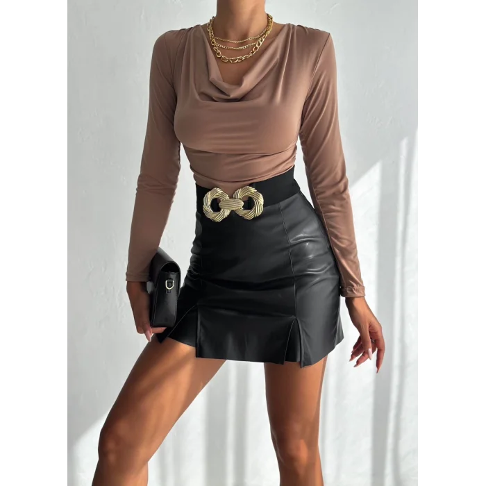 Kadın Sandy Kumaş Degaje Yaka Uzun Kollu Bluz