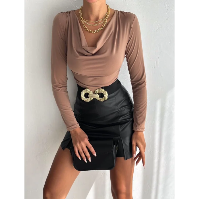 Kadın Sandy Kumaş Degaje Yaka Uzun Kollu Bluz