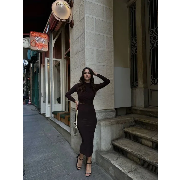 Kadın Sandy Kumaş Drabe Yaka Belinde Tül Detaylı Midi Boy Elbise