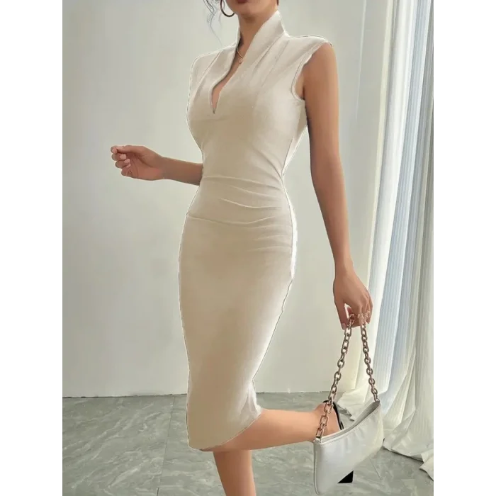 Kadın Sıfır Kol Derin V Yakalı Ithal Krep Elbise