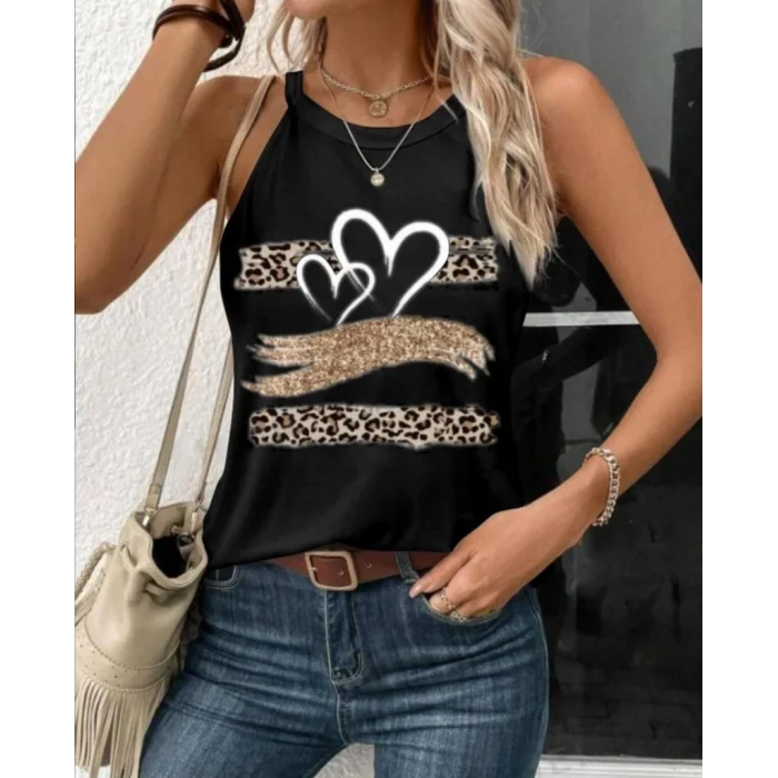 Kadın Sıfır Kol Halter Yaka Kalp Baskılı Viskon Bluz