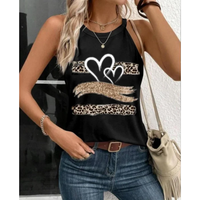 Kadın Sıfır Kol Halter Yaka Kalp Baskılı Viskon Bluz