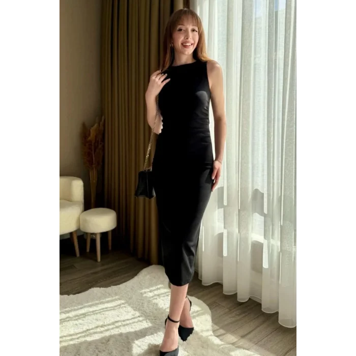 Kadın Sıfır Kol Sıfır Yaka Drape Detaylı Midi Janjan Krep Elbise