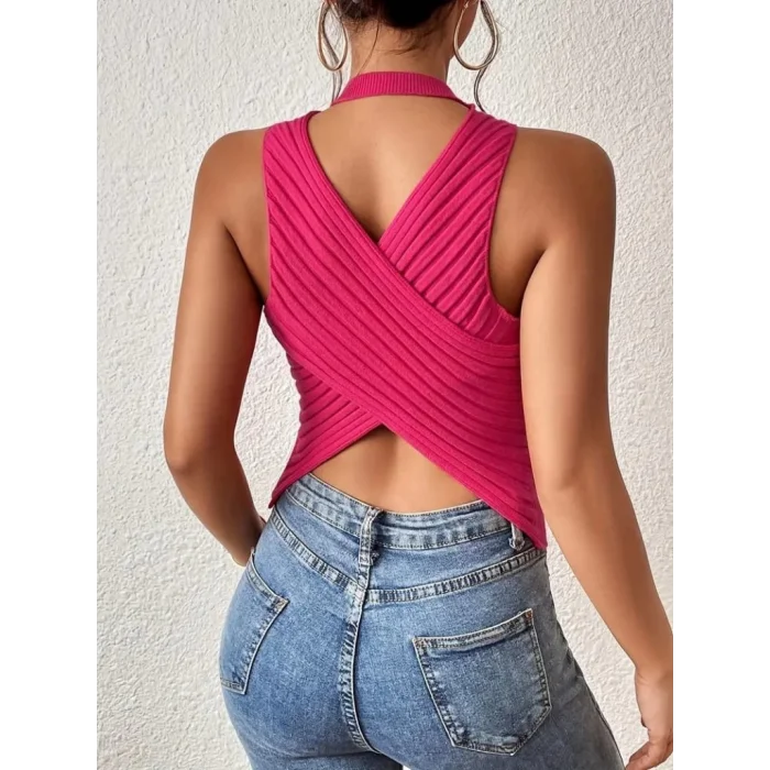 Kadın Sıfır Kol Sırt çapraz Detay Triko Bluz