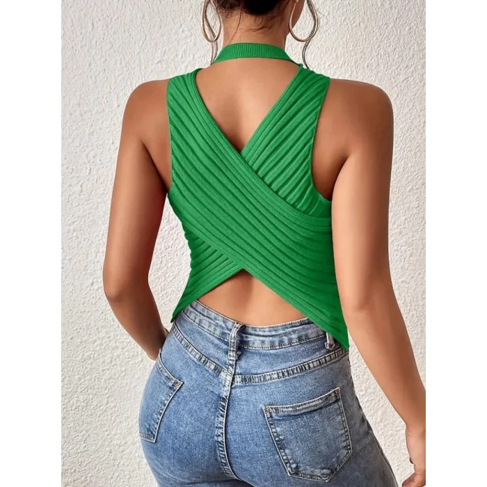 Kadın Sıfır Kol Sırt çapraz Detay Triko Bluz