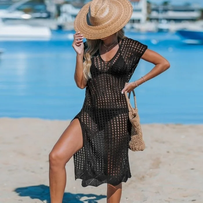 Kadın Sıfır Kol V Yaka Yanı Derin Yırtmaçlı Midi Boy Triko Elbise