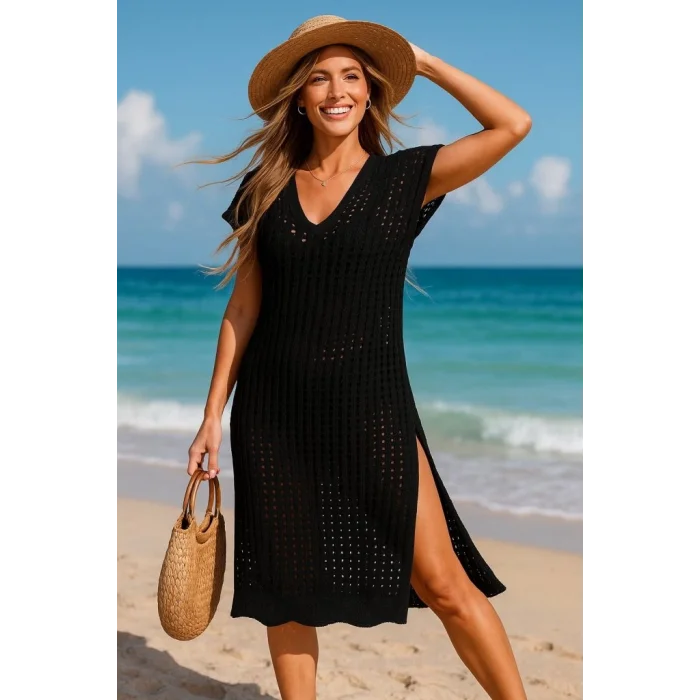 Kadın Sıfır Kol V Yaka Yanı Derin Yırtmaçlı Midi Boy Triko Elbise