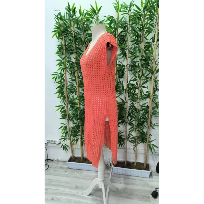 Kadın Sıfır Kol V Yaka Yanı Derin Yırtmaçlı Midi Boy Triko Elbise