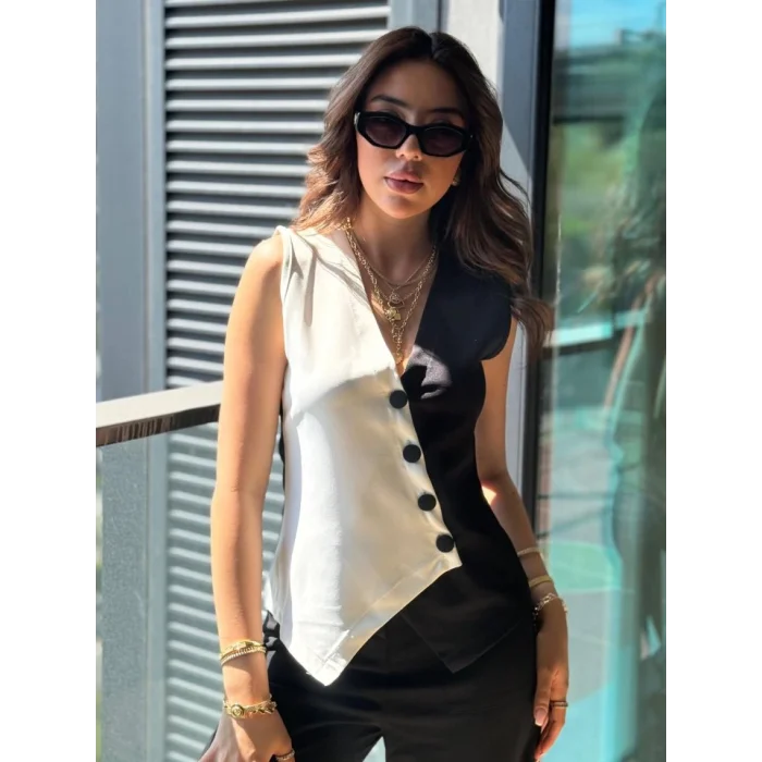 Kadın Sıfır Kol V Yakalı Düğmeli Blok Renkli Atlas Yelek