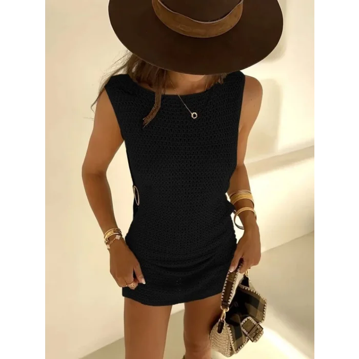 Kadın Sıfır Kol Yanlardan Halka Toka Detaylı Triko Plaj Elbisesi