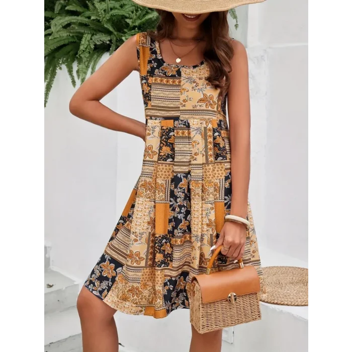 Kadın Sıfır Kol Yuvarlak Yaka çiçek Desenli Süprem Elbise