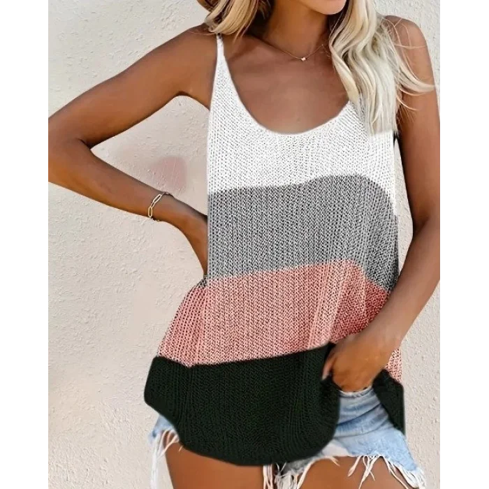 Kadın Sıfır Kol Yuvarlak Yaka Salaş Triko Bluz