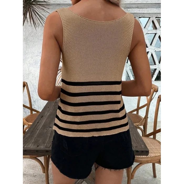 Kadın Sıfır Kol Yuvarlak Yaka şerit Detay Triko Bluz