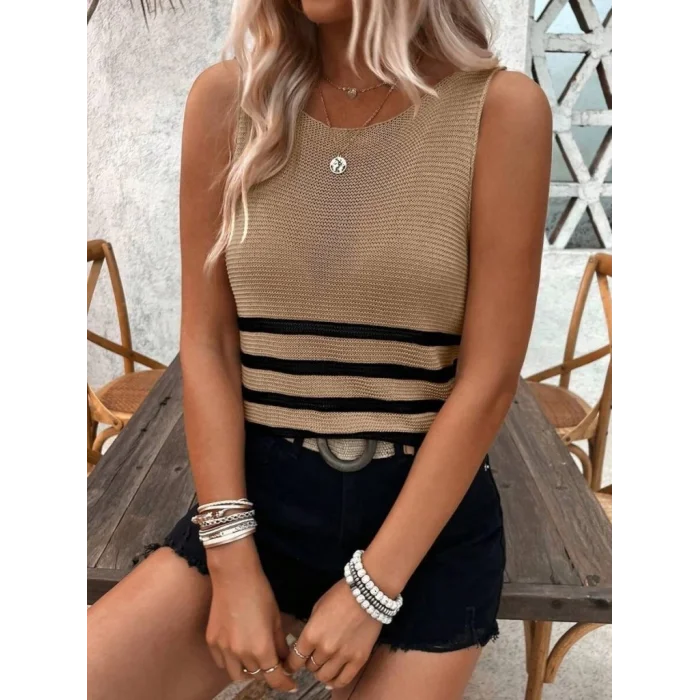 Kadın Sıfır Kol Yuvarlak Yaka şerit Detay Triko Bluz