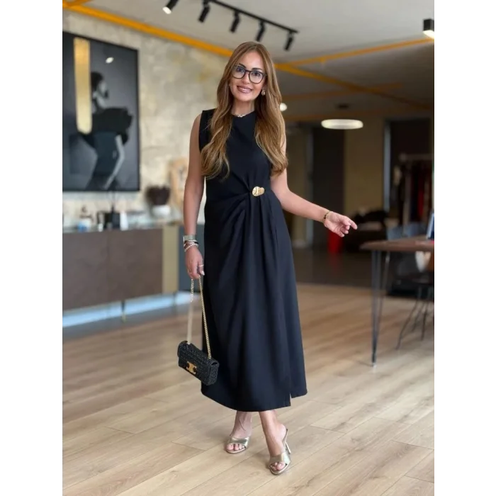 Kadın Sıfır Kollu Bisiklet Yaka Belden Büzgülü Yırtmaç Detaylı Janjan Krep Elbise