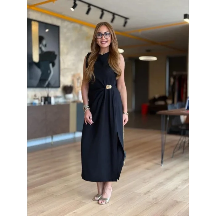 Kadın Sıfır Kollu Bisiklet Yaka Belden Büzgülü Yırtmaç Detaylı Janjan Krep Elbise