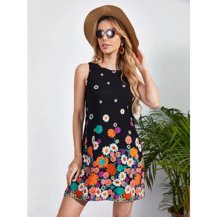 Kadın Sıfır Kollu Bisiklet Yaka çiçek Desenli Süprem Mini Elbise