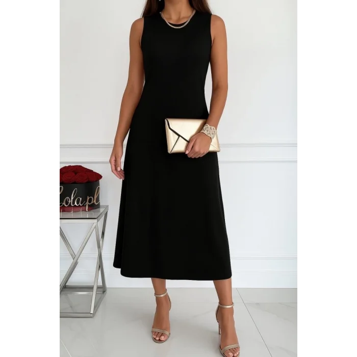 Kadın Sıfır Kollu Bisiklet Yaka Midi Viskon Iki Iplik Elbise