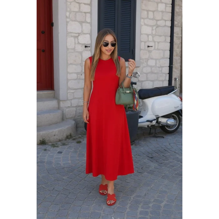 Kadın Sıfır Kollu Bisiklet Yaka Viskon Elbise