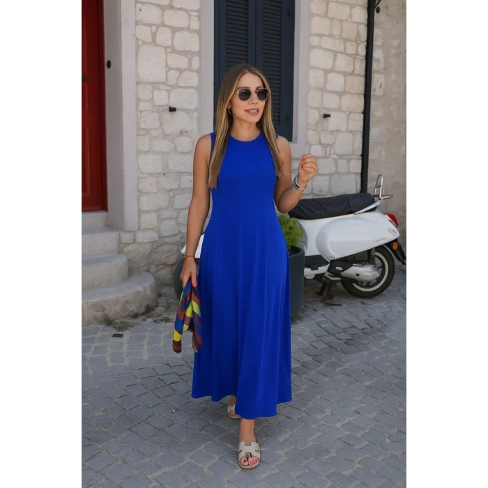 Kadın Sıfır Kollu Bisiklet Yaka Viskon Elbise