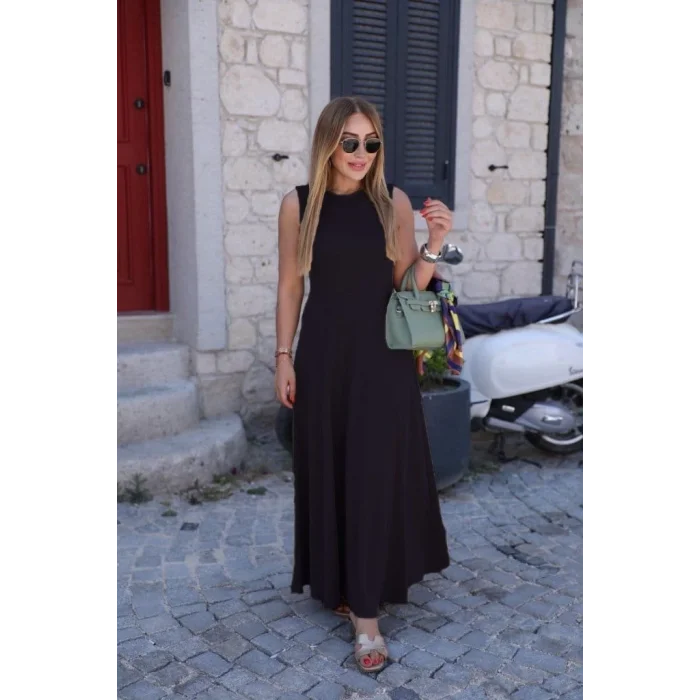 Kadın Sıfır Kollu Bisiklet Yaka Viskon Elbise