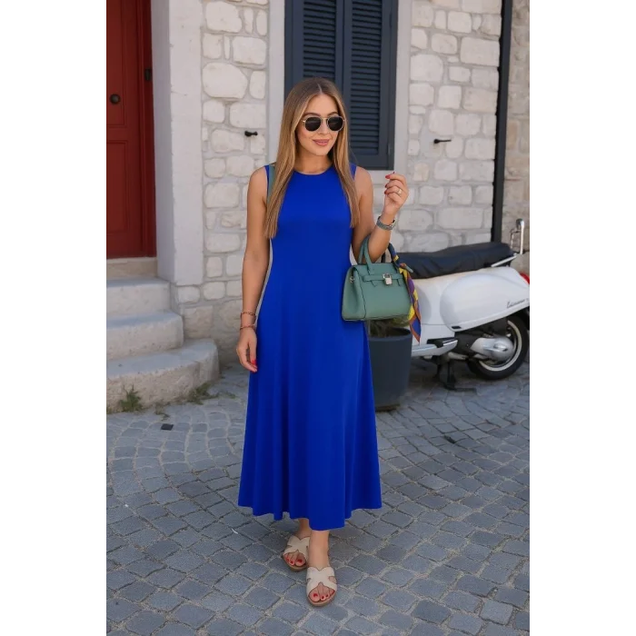 Kadın Sıfır Kollu Bisiklet Yaka Viskon Elbise