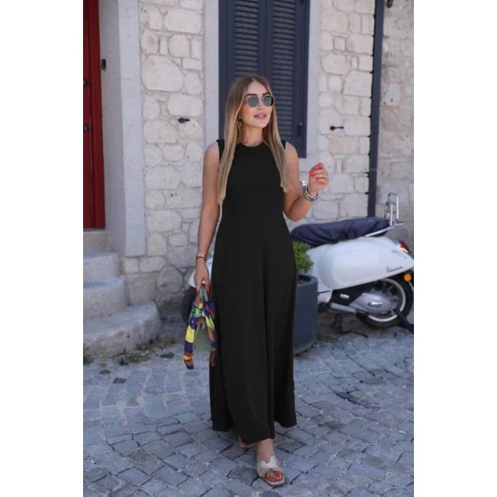 Kadın Sıfır Kollu Bisiklet Yaka Viskon Elbise