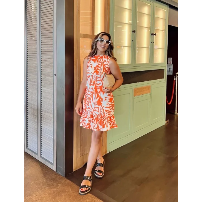 Kadın Sıfır Kollu Bisiklet Yakalı Fırfırlı Desenli Sofya Elbise