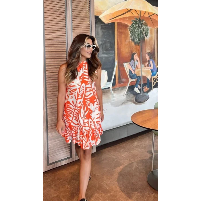 Kadın Sıfır Kollu Bisiklet Yakalı Fırfırlı Desenli Sofya Elbise