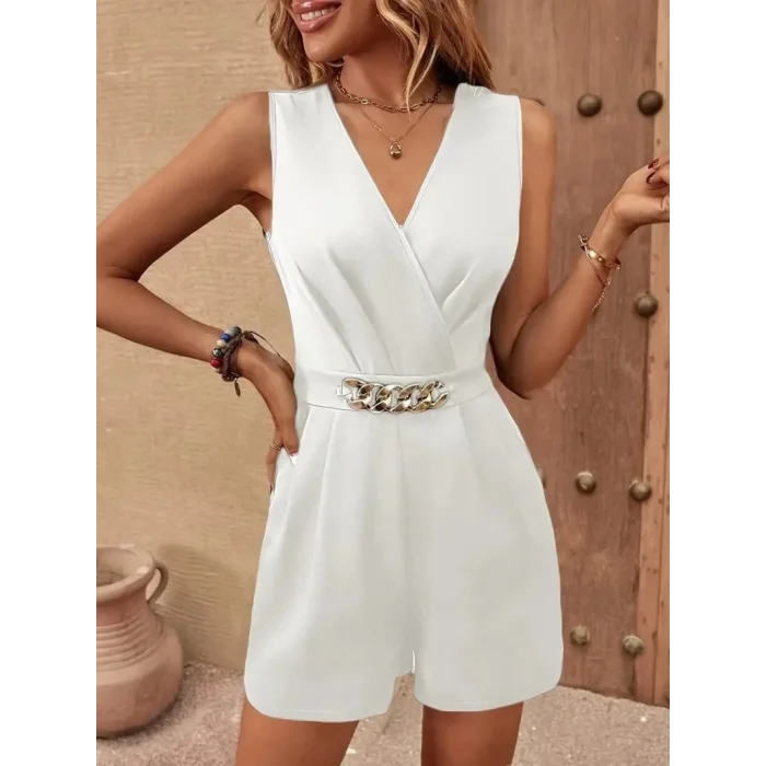 Kadın Sıfır Kollu V Yakalı Cep Detaylı Ithal Krep Tulum