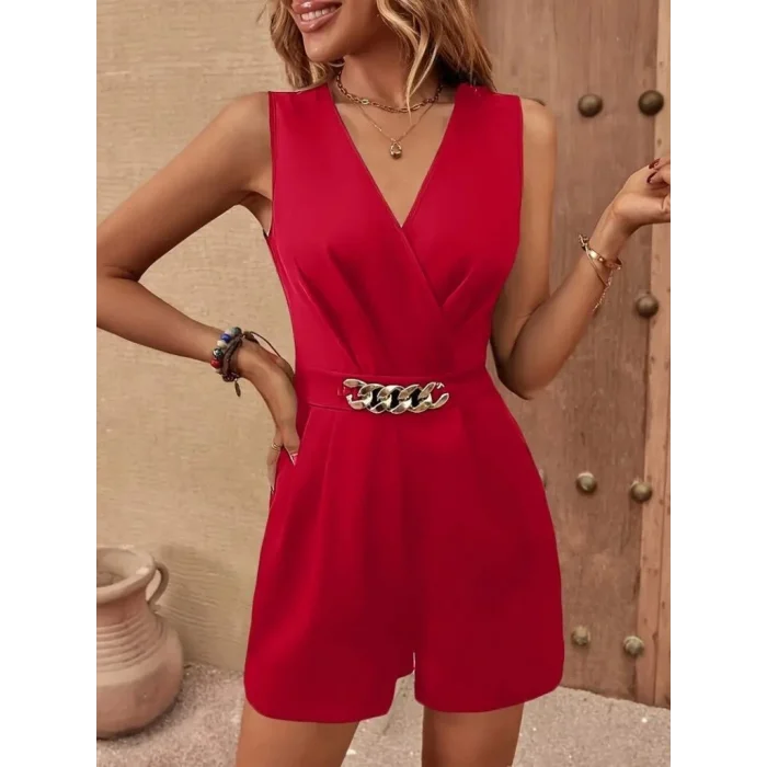 Kadın Sıfır Kollu V Yakalı Cep Detaylı Ithal Krep Tulum