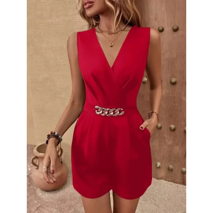 Kadın Sıfır Kollu V Yakalı Cep Detaylı Ithal Krep Tulum