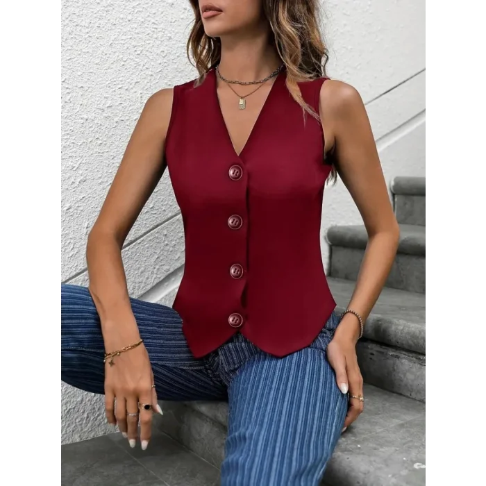 Kadın Sıfır Kollu V Yakalı önden Düğmeli Atlas Yelek