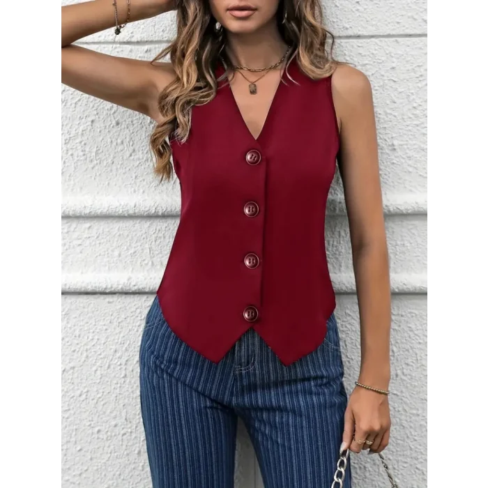 Kadın Sıfır Kollu V Yakalı önden Düğmeli Atlas Yelek