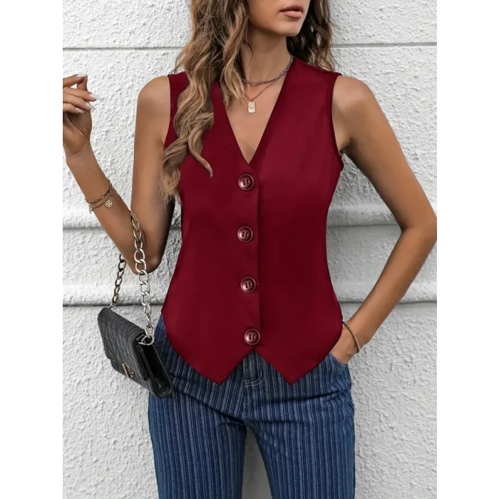 Kadın Sıfır Kollu V Yakalı önden Düğmeli Atlas Yelek