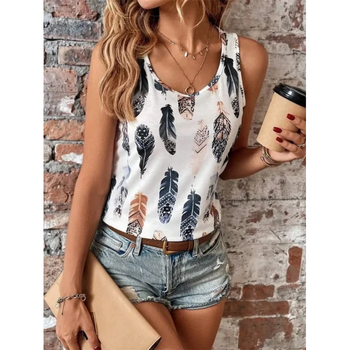 Kadın Sıfır Kollu V Yakalı Yaprak Desenli Süprem Bluz