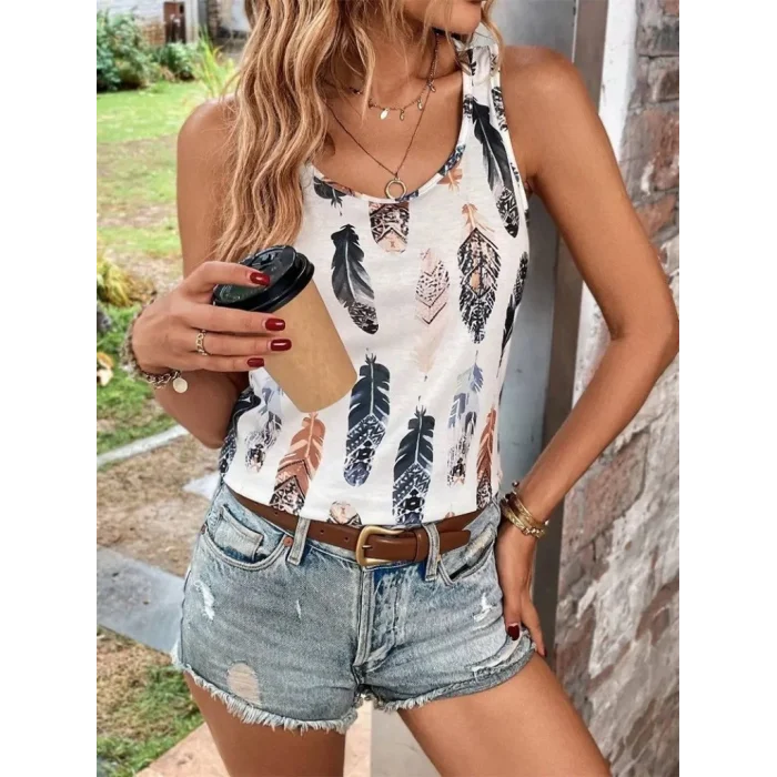 Kadın Sıfır Kollu V Yakalı Yaprak Desenli Süprem Bluz